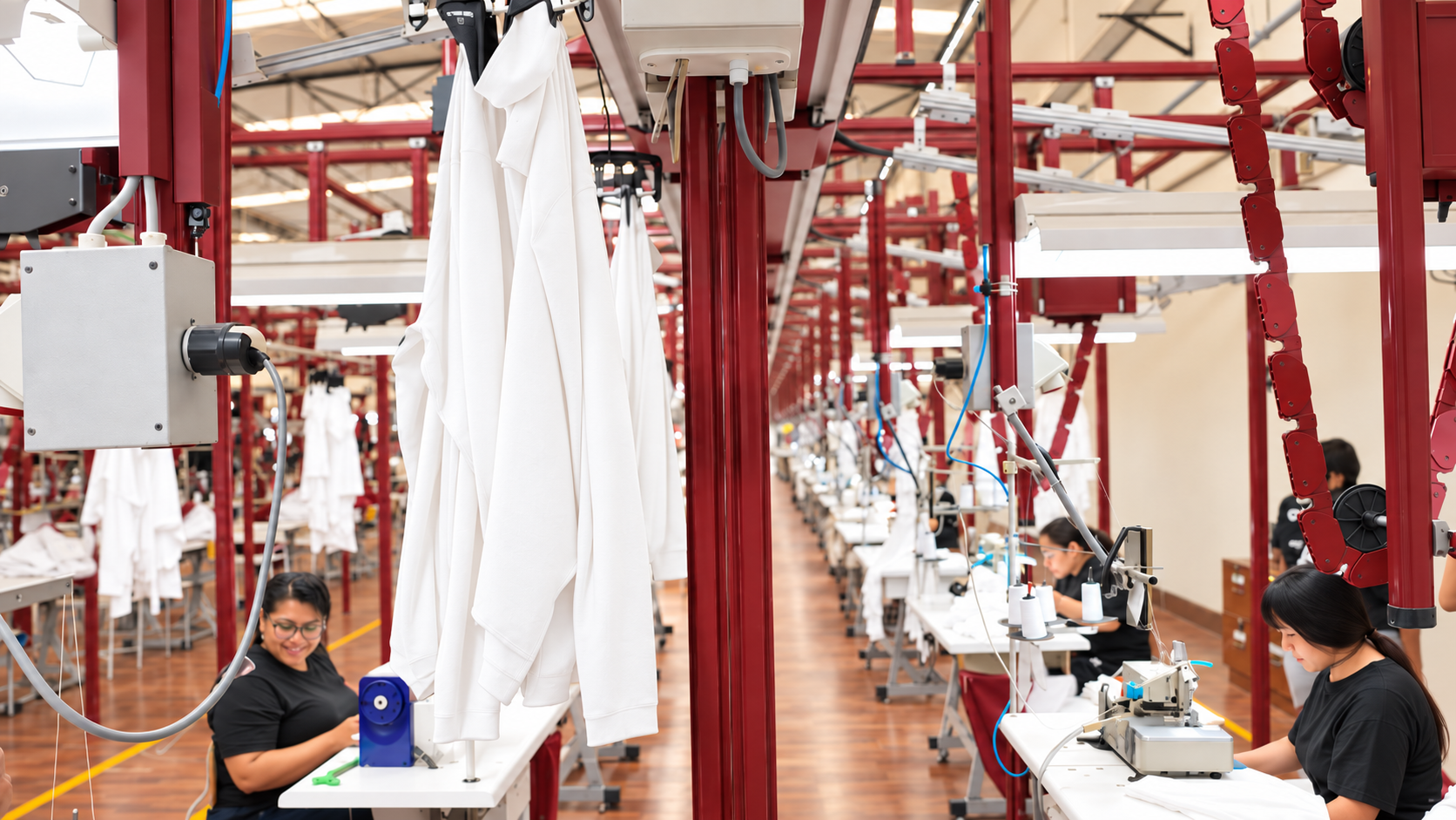 Apparel manufacturing team on a sewing production line