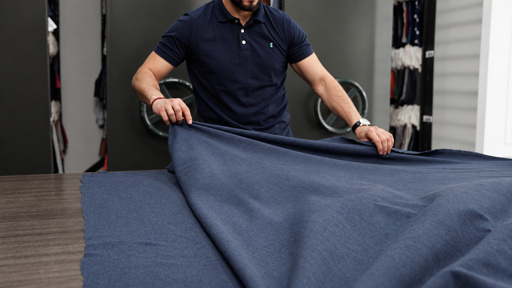 Textile specialist reviewing a navy fabric sample