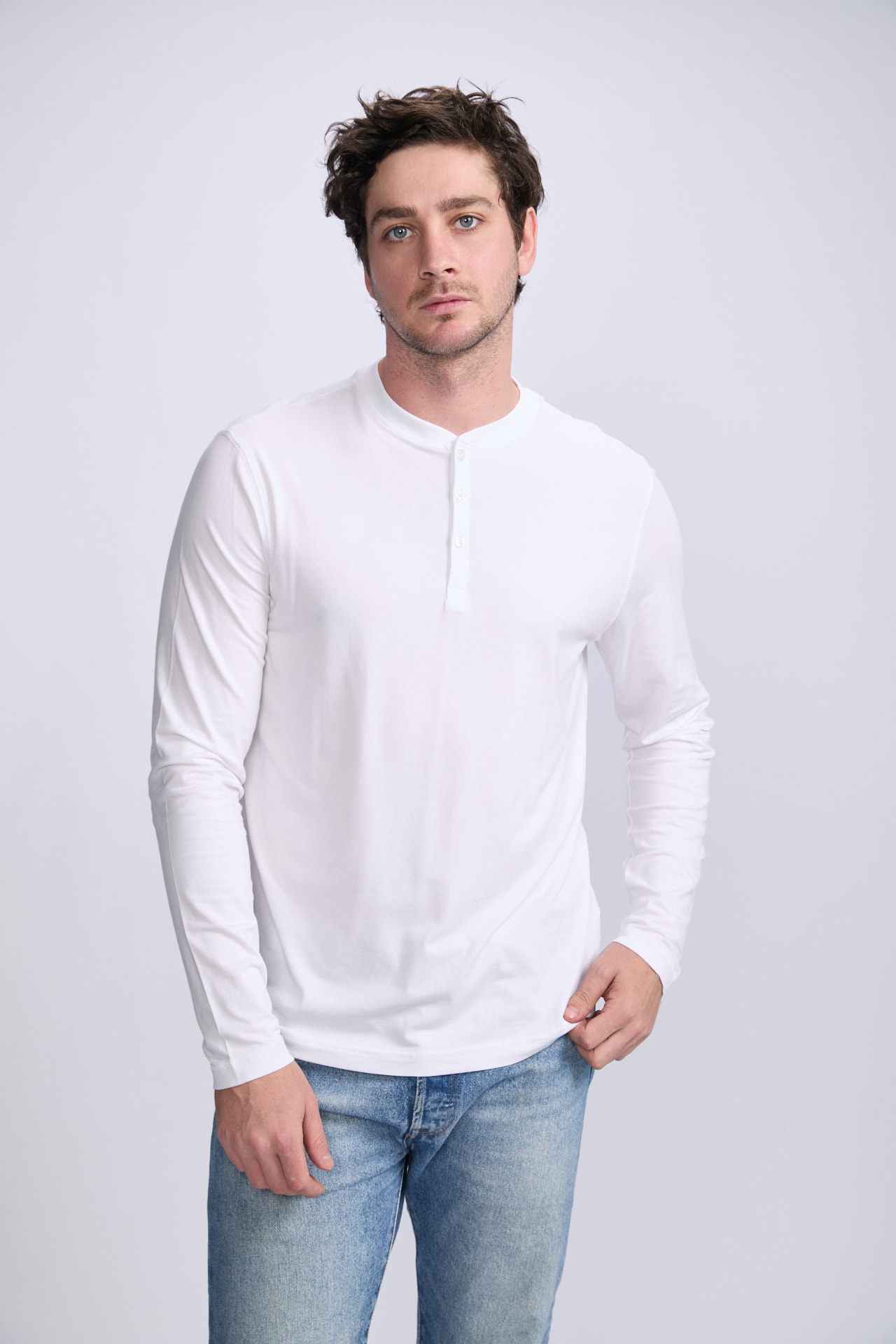 Men's white long-sleeve Henley