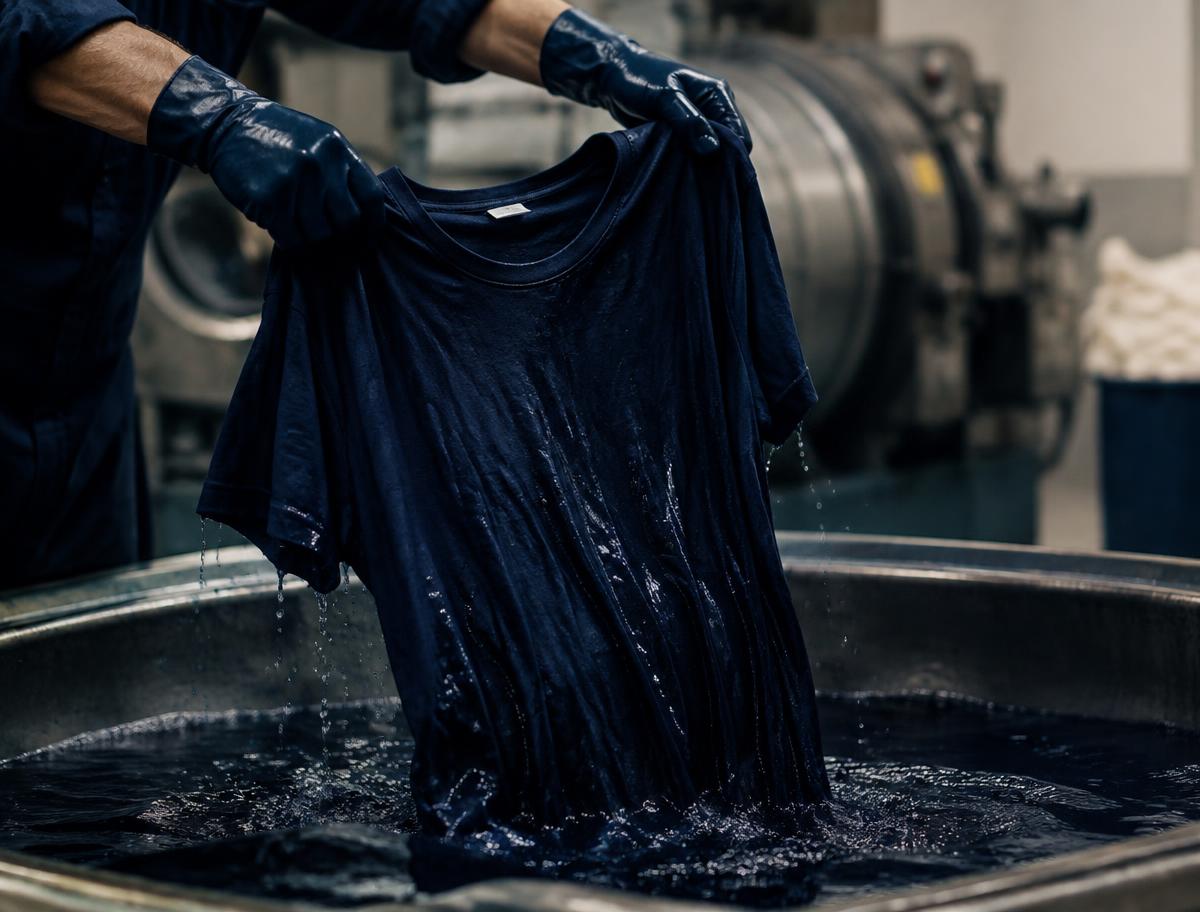 Garment dyeing of a navy t-shirt