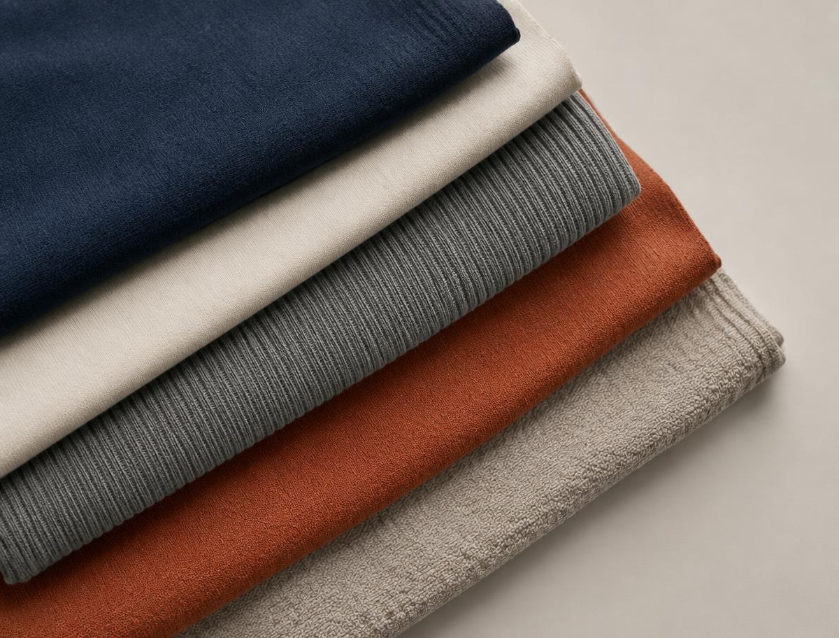 Stacked knitted fabric swatches in jersey, rib and terry